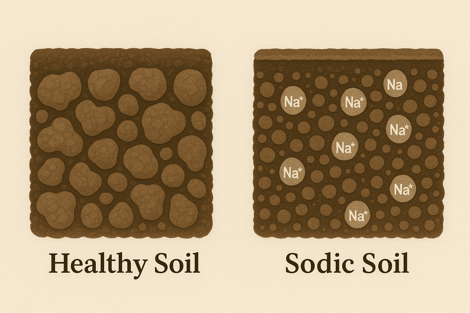 A visual showing the difference in structure between healthy soil and sodic soil.