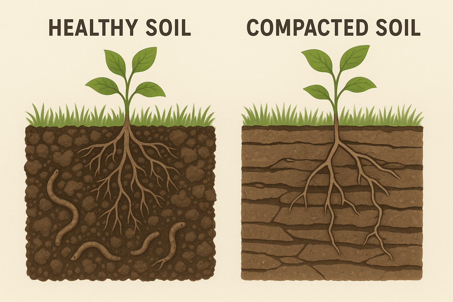 Diagram showing healthy, porous soil on the left and compacted, dense soil on the right.