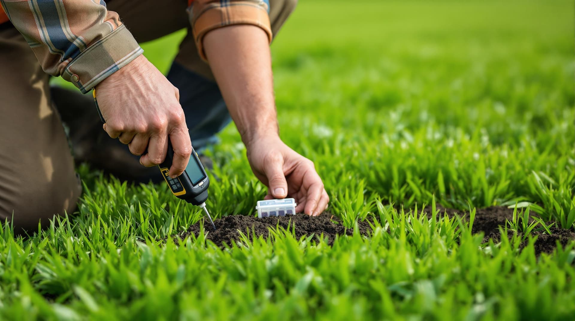 A person testing soil pH in a field.